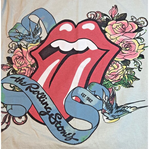 The Rolling Stones Tee Light Green Floral Tongue Graphic Band Shirt L - Picture 7 of 7